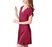 E-girl Damen Seide Nachtwäsche Nachthemd 100% Seide Bademantel mit Spitze Seidenkleid Kurzarm S2501,Rot,XL