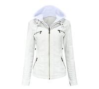 E-girl Damen Weiß Lederjacke Schlank Kurz Kunstleder Kapuze Jacket Reißverschluss Motorrad Jacke für Frühling und Herbst,S,C6699N