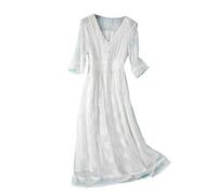 E-girl Damen Weiß Seiden Kleid Kurzarm V-Ausschnitt Solide 100% Seiden Langes Seiden Kleid,E1988,XL