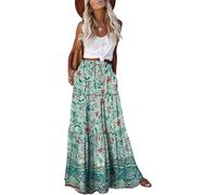 EARKOHA Damen-Maxirock im Boho-Stil 2026, lässig, hohe Taille, fließender Langer Rock mit Taschen, für Strandurlaub, Grünes Blumenmuster, X-Groß