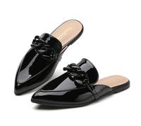 EasySmile Flache Pantoletten mit Metallkette für Damen, geschlossene spitze Zehen, Slipper, Slipper, Slipper, rückenfreie Pantoletten, Schuhe, Kunststoff-Ketten-Paten-Leder Schwarz, 40.5 EU