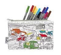 eatsleepdoodle Autos, LKWs und Traktoren-Federmäppchen zum Ausmalen, waschbar und wiederverwendbar, inkl. 10 auswaschbare Stifte, 22x14cm
