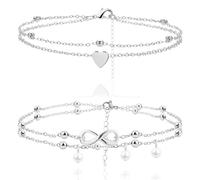 EAVUYIS 2 Stück Fußkette Silber Damen,designs Fußkettchen Herz für Damen,Vintage Layered Fußkettchen,Verstellbar Strand Fuß Schmuck für Frauen und Mädchen