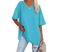 Ebifin Damen Oversize T Shirt mit V-Ausschnitt Kurzärmeliges Casual Lockere Basic Sommer Tee Shirts Bluse.Azurblau.XXL
