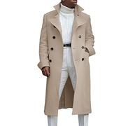 Ebifin Herren Notch Lapel Zweireihiger Langer Trenchcoat Casual Baumwollmischung Peacoat, beige, Small