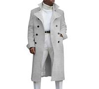 Ebifin Herren Revers zweireihiger langer Trenchcoat Casual Baumwollmischung Peacoat, hellgrau, Small
