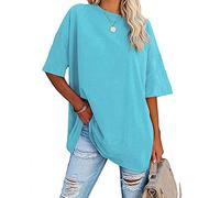 Ebifin Oversize T Shirt Damen Rundhals Kurzärmeliges Tops Casual Lockere Basic Sommer Tee Shirts Bluse.Azurblau.L