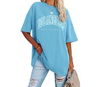 Ebifin Oversize T Shirt Damen Vintage Kurzärmeliges Rundhals Los Angeles Oberteile Tops Casual Lockere Basic Sommer Tee Shirts Bluse.Azurblau.L