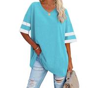 Ebifin Oversize T Shirt mit V-Ausschnitt Damen Kurzärmeliges Casual Lockere Basic Sommer Tee Shirts Bluse.Azurblau.M