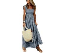 ebossy Damen 2025 Fashion Plaid Kleid Ärmellos Gesmokte Rüschen Plissee Boho Party Strand Gingham Maxikleider, Schwarz, Mittel