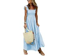 ebossy Damen 2025 Fashion Plaid Kleid Ärmellos Gesmokte Rüschen Plissee Boho Party Strand Gingham Maxikleider, Blau, Klein