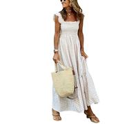 ebossy Damen 2025 Fashion Plaid Kleid Ärmellos Gesmokte Rüschen Plissee Boho Party Strand Gingham Maxikleider, Khaki, X-Groß
