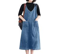 ebossy Damen Ärmellos V-Ausschnitt Denim Overall Pullover Kleid Casual Lose Doppelte Spaghettiträger Midi Jeanskleid, Mittelblau, Mittel