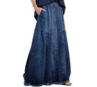 ebossy Damen Casual Elastische Taille Fransen Saum A-Linie Distressed Hippie Lang Maxi Denim Rock - Blau - X-Groß