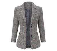 ebossy Damen Notch Revers 2 Knöpfe Boyfriend Blazer Anzug Hahnentritt Plaid Jacke Mantel - Grau - Large