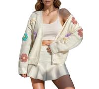 ebossy Damen-Strickjacke, gerippt, Bestickt, ästhetisch, hübsch, Blumenapplikation, Knopfleiste, Pullovermantel, Weiss/opulenter Garten, X-Groß