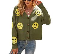 ebossy Damen-Strickjacke, gerippt, lässig, niedliches Lächeln, Grafik, hübsches Gänseblümchen, Knopfleiste, Jacquard-Strickpullover, 01 Army-Grün, Groß