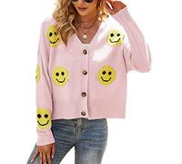 ebossy Damen Strickjacke, gerippt, lässig, niedliches Lächeln, Grafik, hübsches Gänseblümchen, Knopfleiste, Jacquard-Strickpullover, 01 Rosa, Groß