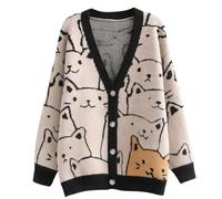 ebossy Damen Strickjacke Kawaii Cartoon Katze Japanisch Ästhetisch Button Down Jacquard Knit Sweater Mantel, Beige, X-Klein