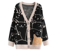 ebossy Damen Strickjacke Kawaii Cartoon Katze Japanisch Ästhetisch Button Down Jacquard Knit Sweater Mantel, Schwarz, Groß