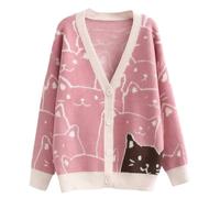 ebossy Damen Strickjacke Kawaii Cartoon Katze Japanisch Ästhetisch Button Down Jacquard Knit Sweater Mantel, Pink, Mittel