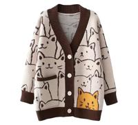 ebossy Damen Strickjacke Kawaii Cartoon Katze Japanisch Ästhetisch Button Down Jacquard Knit Sweater Mantel, Kaffee, X-Groß