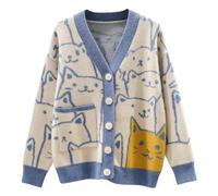 ebossy Damen Strickjacke Kawaii Cartoon Katze Japanische Ästhetik Button Down Jacquard Knit Sweater Mantel, Blau, Medium