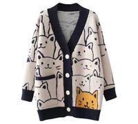 ebossy Damen Strickjacke Kawaii Cartoon Katze Japanische Ästhetik Button Down Jacquard Knit Sweater Mantel, Marineblau, Large