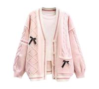 ebossy Damen-Strickjacke, Kawaii, niedlich, Schleife, Zopfmuster, Schaf, V-Ausschnitt, Knopfleiste, lässig, adrett, Wollmischung, Pullover, Pink, XX-Large
