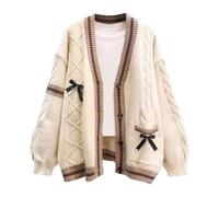 ebossy Damen-Strickjacke, Kawaii, niedlich, Schleife, Zopfmuster, Schaf, V-Ausschnitt, Knopfleiste, lässig, adrett, Wollmischung, Pullover, Khaki, Groß