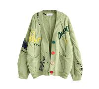 ebossy Damen Strickjacke mit Zopfmuster, lange Ärmel, vorne offen, Schaf, V-Ausschnitt, Knopfleiste, Stickerei, Wollmischung, Pullover, Mantel, Outwear, Grün , X-Groß