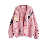 ebossy Damen Strickjacke mit Zopfmuster, Lange Ärmel, vorne offen, Schaf, V-Ausschnitt, Knopfleiste, Stickerei, Wollmischung, Pullover, Mantel, Outwear, Pink, Klein