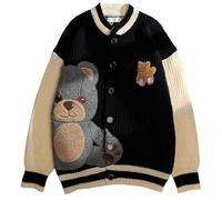 ebossy Damen Strickjacke, süße Bären-Stickerei, lässig, locker, Knopfleiste, lange Ärmel, Varsity-Pulloverjacke, Schwarz, X-Groß