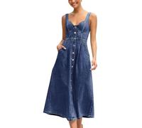 ebossy Dehnbares, gesmoktes Jeanskleid für Damen, ärmellos, Babydoll, Knopfleiste, Midi, lang, Jeanskleider, Blau, XX-Large