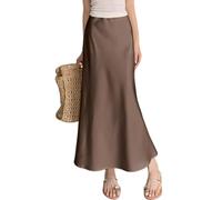 ebossy Eleganter Langer Damen-Satinrock, Seide, elegant, versteckt, elastische Taille, ausgestellt, A-Linie, Maxi-Röcke, Kaffee, XX-Large