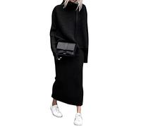 ebossy Gerippter Strickpullover für Damen, lässig, locker, 2-teiliger Rollkragenpullover, elastische Taille, Maxi-Rock-Set, Schwarz, L
