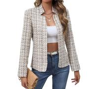 ebossy Lässiger Damen-Blazer, schmal, gekerbt, Tweed, elegant, vorne offen, langärmelig, Business-Arbeitsjacke, Kleid, Mantel, Aprikose/Kaffee, S