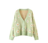 ebossy Strickjacke für Damen, ästhetisches Y2K-Blumenmuster, V-Ausschnitt, Knopfleiste, Sweater, Oberteil, Hellgrün, Einheitsgröße