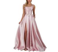 ECDAHICC Damen Elegant Lange Ballkleider mit Taschen Satin A-Linie Hochzeitskleid Abendkleider Sexy Schultergurt Rückenfrei Brautkleid Prinzessin Kleider(PI,M)
