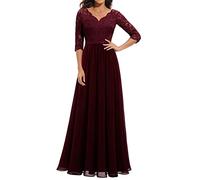 ECDAHICC Damen Elegant Spitze Rüschen Maxikleid V-Ausschnitt Kurze Ärmel Hohe Taille Brautjungfernkleid Langes Abendkleid WR1-L