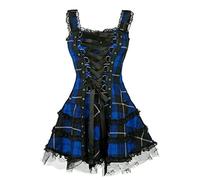 ECDAHICC Frauen Kariert Lace Up Gothic Strap Skater Kleid Vintage Square Neck Ärmellos Mini Kleid Spaghetti Straps Steampunk Halloween A-Linie Mesh Kurzes Allegra Kleid