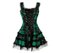 ECDAHICC Frauen Kariert Lace Up Gothic Strap Skater Kleid Vintage Square Neck Ärmellos Mini Kleid Spaghetti Straps Steampunk Halloween A-Linie Mesh Kurzes Allegra Kleid