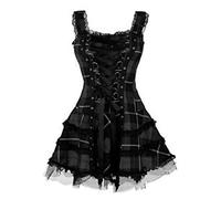 ECDAHICC Frauen Kariert Lace Up Gothic Strap Skater Kleid Vintage Square Neck Ärmellos Mini Kleid Spaghetti Straps Steampunk Halloween A-Linie Mesh Kurzes Allegra Kleid