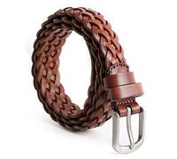 ECHAIN Frauen geflochtenes echtes Leder schmaler Gürtel 25mm breit, Braun 2, waist:35-40