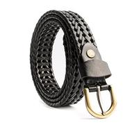 ECHAIN Schmaler Damen-Gürtel, geflochten, aus echtem Leder, 25 mm breit - Schwarz - Taille:29-34