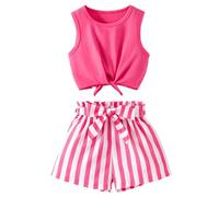 Echinodon Mädchen Sommer Outfit Zweiteiler Ärmelloses Top mit Knoten & Streifen-Shorts, Kleinkinder Mode Bekleidungsset Grün 110