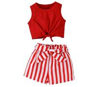 Echinodon Mädchen Sommer Outfit Zweiteiler Ärmelloses Top mit Knoten & Streifen-Shorts, Kleinkinder Mode Bekleidungsset Rot 110