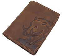 Echt Büffel-Vollleder Geldbörse/Geldbeutel/Portemonnaie in Hoch- oder Querformat mit Wildschwein-Motiv oder ohne Motiv mit RFID & NFC Schutz (Modell 1 / Hochformat/Braun)