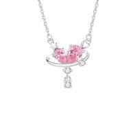 Echt Goldschmuck Platinum PT950 Halskette mit Tropfen Rose Lab Rosa Saphir, Planet Herz Anhänger Platin Damenkette Moissanit 45cm