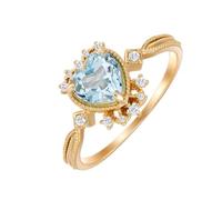 Echte Gold 375 9 Karat Verlobungsring mit Herz Blau Topas, Vintage Herz 9K Gelbgold Solitärring Moissanit Gr.65 (20.7)